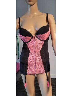 Black & Pink Lace Bustier Lingerie Set 34DD Corset Style Lace-Up Back